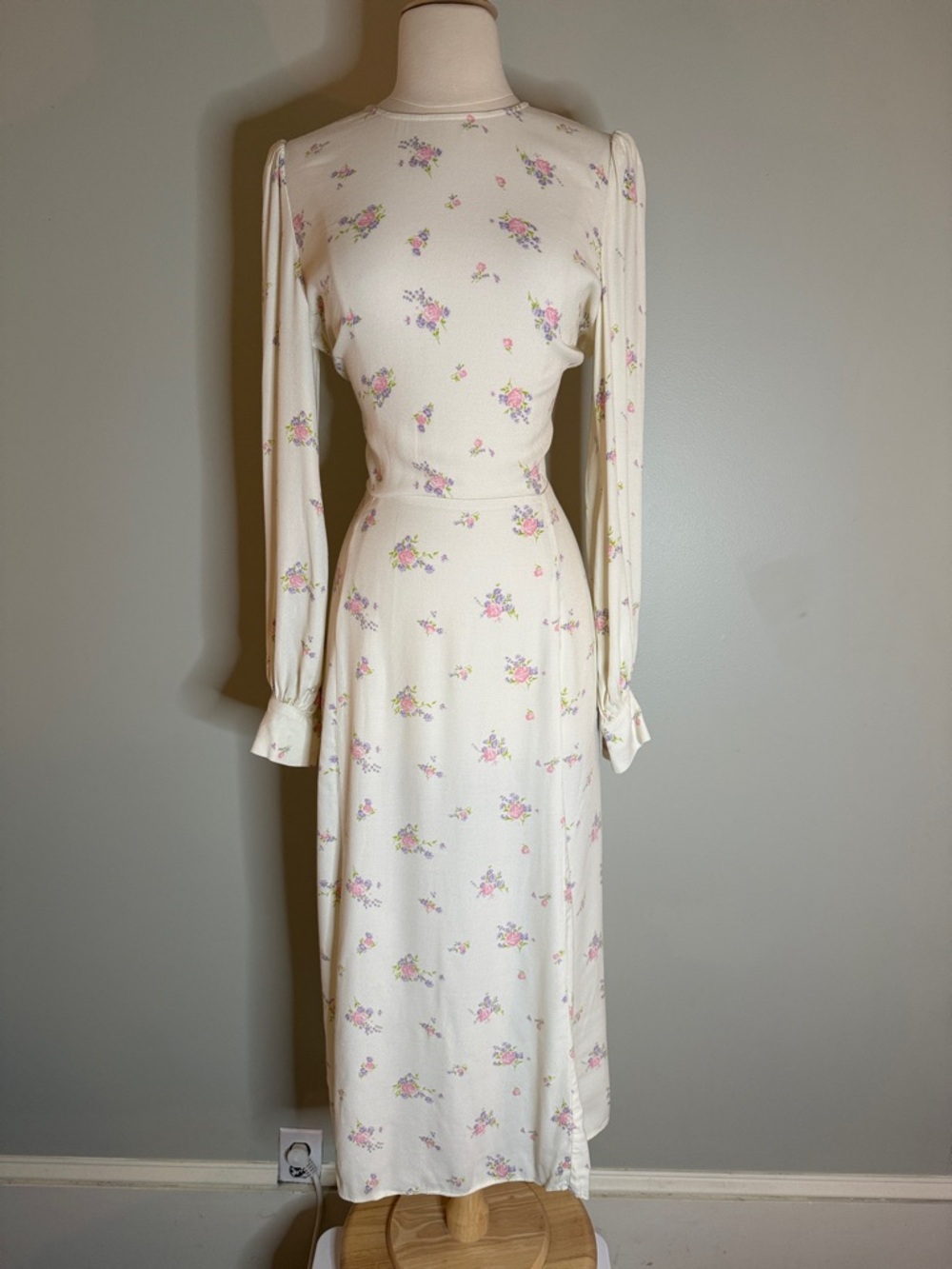 Reformation Cream Floral Backless Long Sleeve Midi Dress